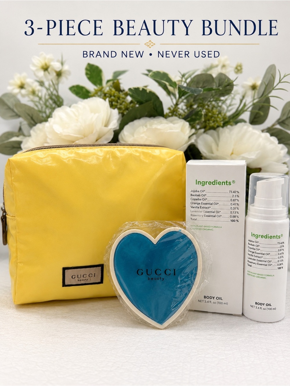 Ingredients® Organic Body Oil + Gucci Beauty Cosmetic Bag & Heart Mirror Bundle✨